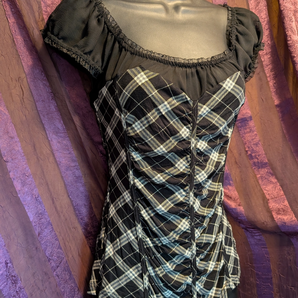 Plaid Jane Norman ? Ruched Top Milkmaid Coquette Y2K Corporate Cutie Emo Punk M.